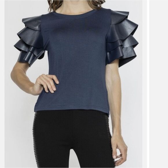 RUFFLES PLEATHER LAYERED SHORT SLEEVE TOP - Picture 1 of 7